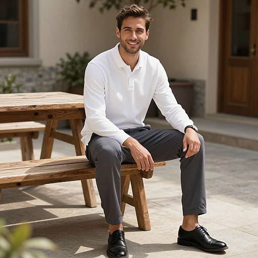Photograph of a smiling, medium-built man with short dark hair, wearing a white long-sleeve shirt, gray pants, and black shoes,