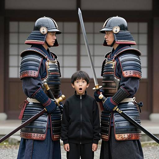 Young boy between two samurai warriors