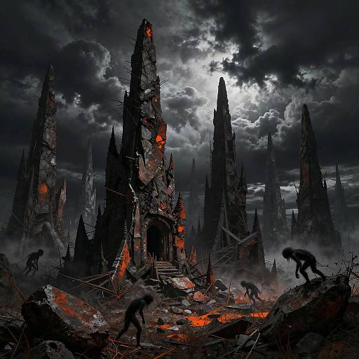Dark, gothic digital painting of a ruined, fiery castle with jagged spires and glowing red embers. Silhouetted werewolves