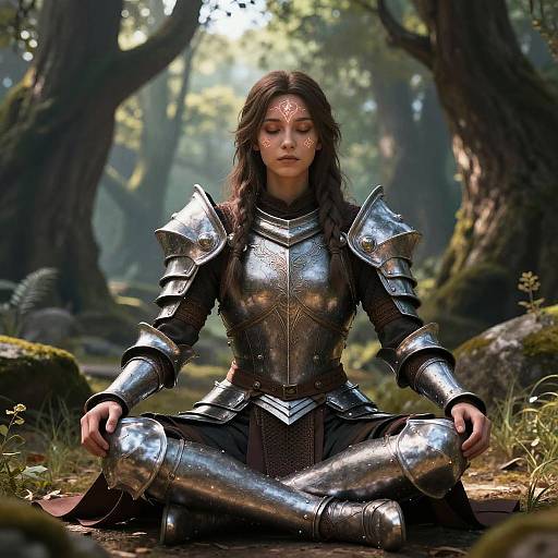 Photorealistic CGI of a brown-haired woman with intricate facial markings, wearing shiny silver armor, meditating cross-legged in a sunlit forest.