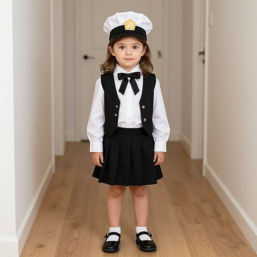 Photograph of a young Asian girl in a white sailor hat, black vest, white blouse, black bow, black skirt, and black Mary Jane shoes