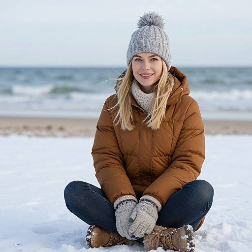 Photograph of a smiling blonde woman in a brown puffer jacket, gray knit beanie, gloves, and black jeans, sitting cross-legged in snow