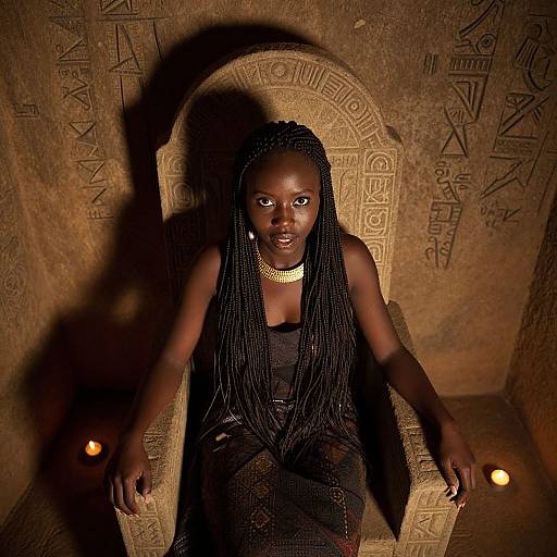 Photograph of a dark-skinned woman with long braids, wearing a black dress and gold necklace, sitting on an ancient, carved stone throne with