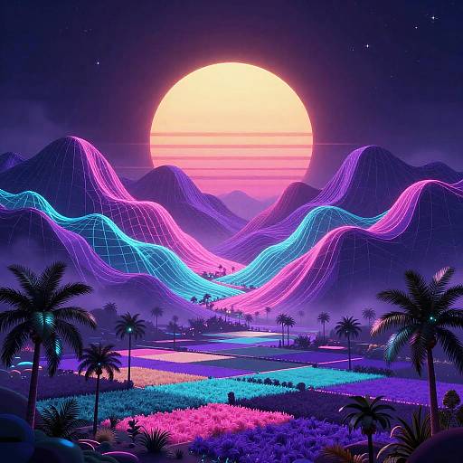 Vaporwave Nocturne with Neon Landscape