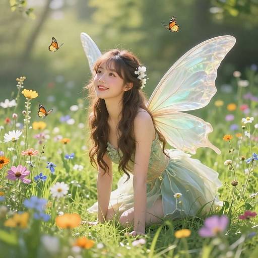 Photograph of a fair-skinned, long-haired fairy girl with translucent wings, green dress, flowers in her hair, kneeling in a sunlit me