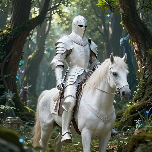 Photorealistic CGI of a silver-armored knight with a helmet riding a white horse in a dense, enchanted forest. Sunlight filters through trees,
