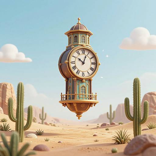 Photorealistic CGI of an ornate, floating clock tower with a large clock face, set in a sunny, desert landscape with cacti and