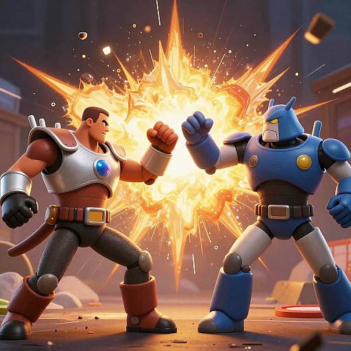 CGI image: Muscular man in silver armor and blue robot in a battle, exchanging powerful punches, with a bright explosion in between. Industrial background