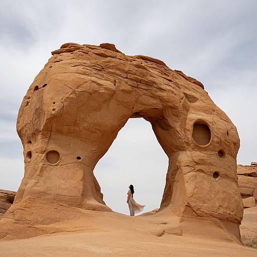 Photograph of a lone person in a white dress standing under a large, arch-shaped, sandstone rock formation with circular holes, set against a cloudy