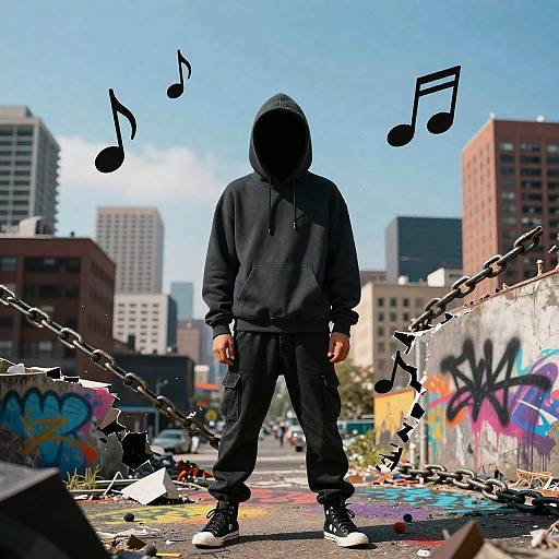 Photograph of a hooded figure in black hoodie and pants, standing in a graffiti-covered urban alley with broken chains and floating musical notes, city skyline