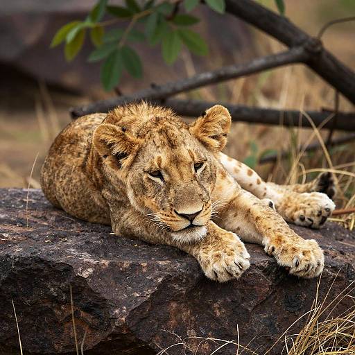 Relaxed Lion Cub on Rocky Perch