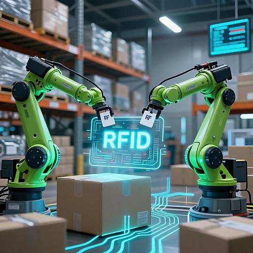 Photorealistic CGI of two green robotic arms in a warehouse, packing boxes while a neon 