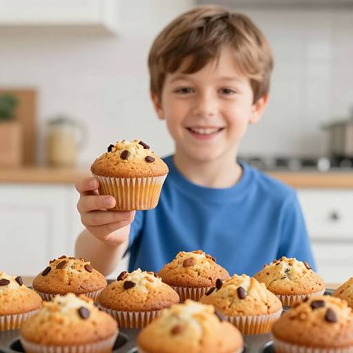 Photograph of a smiling young boy in a blue shirt, holding a chocolate-studded muffin, with a tray of similar muffins in the foreground