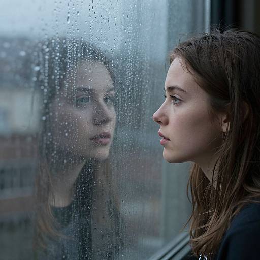 Photograph of a young woman with wet brown hair, gazing at her reflection in a rain-streaked window, with a somber expression.