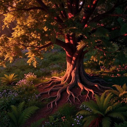 Photograph of a majestic tree with glowing orange leaves, exposed roots, and vibrant green ferns and flowers in the dark forest.