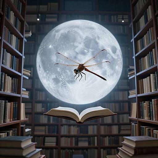 Photograph of a dragonfly hovering above an open book, set against a large, luminous full moon in a library with tall bookshelves.