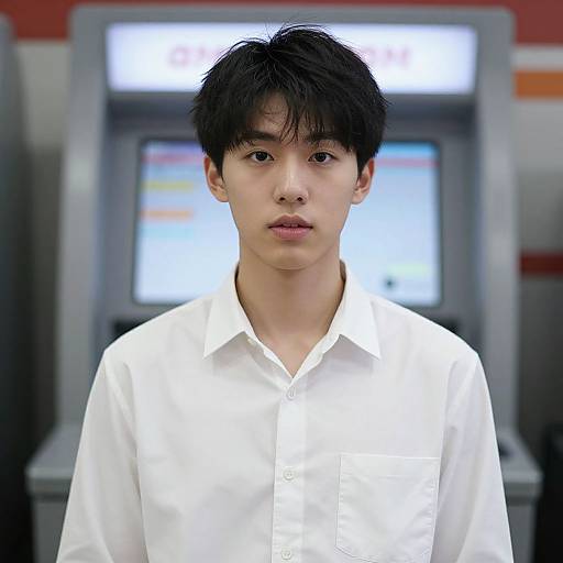 Photograph of an Asian male with short black hair, wearing a white button-up shirt, standing in front of a brightly lit ATM machine.