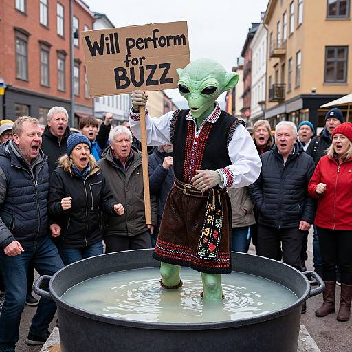 Photograph of a green-skinned, elf-like person in traditional Bavarian dress, standing in a large pot, holding a 