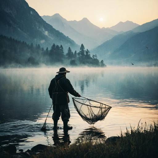 Fisherman Casting Net at Misty Mountain Lake Sunrise