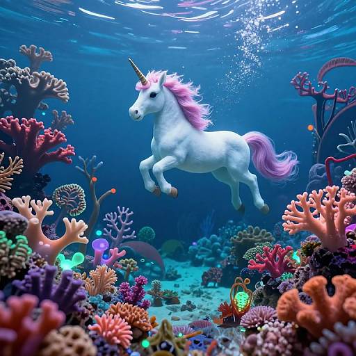 Digital artwork of a white unicorn with a pink mane and tail, swimming gracefully underwater amidst colorful coral reefs and glowing marine life.