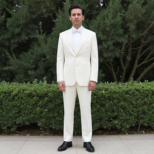 Photograph of a middle-aged man with short black hair, wearing a white suit, white shirt, and black shoes, standing in front of green bushes