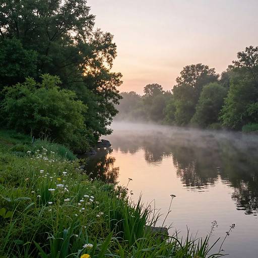 Photograph of a tranquil, misty river at dawn, reflecting a pastel sky, bordered by dense green trees and grassy banks with white wild