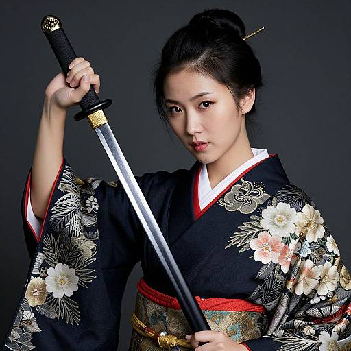 Photograph of an Asian woman in a black floral kimono holding a katana, dark background, serious expression, hair in a bun.