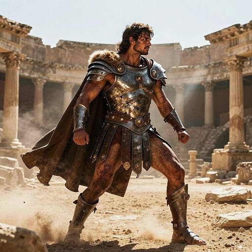 Photorealistic CGI of muscular, bearded warrior in metallic armor and dark cape, standing in sunlit, ancient Roman ruins, dust swirling around.