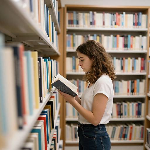 Photograph of a young woman with curly brown hair, wearing a white t-shirt and blue jeans, reading a book in a library. Shelves filled
