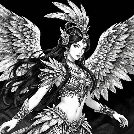 Black-and-white digital art of a winged, regal woman with long hair, ornate jewelry, and feathered headdress, against a dark