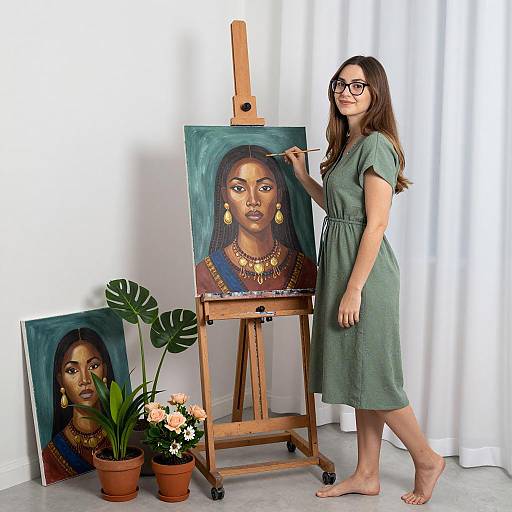 Woman Painting Ethnic Portrait in Studio