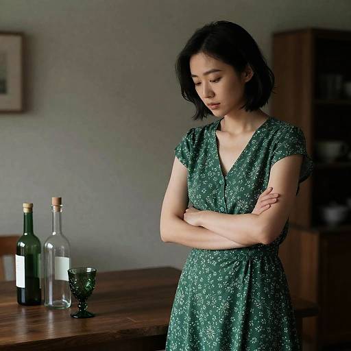 Asian Woman in Floral Dress at Dusk