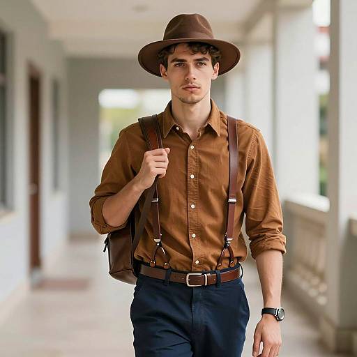 Young Man in Brown Retro Outfit