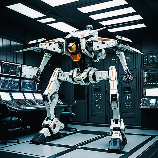 Sleek Hovering Mech Drone in Cybernetic Control Room
