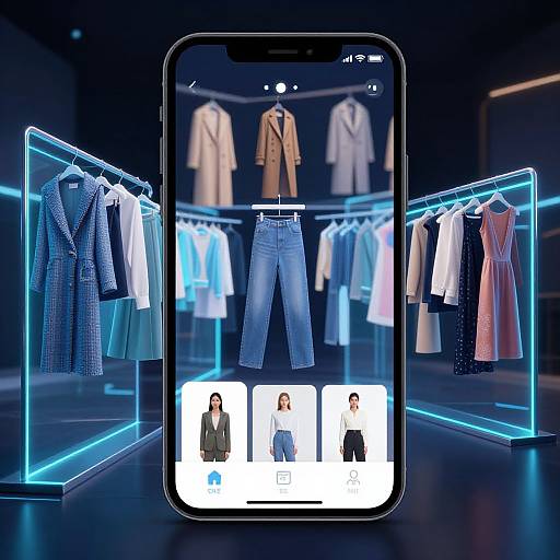 Photorealistic digital image: Smartphone screen displays blue jeans and three fashion models, flanked by glowing neon-lit clothing racks with blazers, dresses