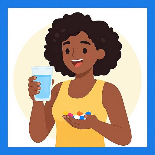 Cartoon-style drawing of a smiling, dark-skinned woman with curly black hair, wearing a yellow tank top, holding a glass of water and colorful