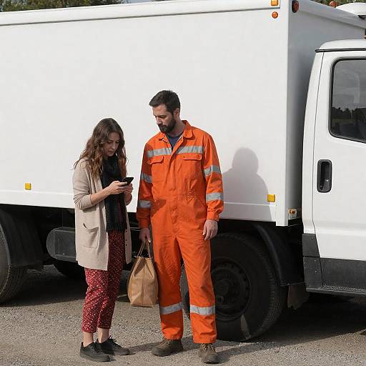 Man and Woman Standing by Utility Truck