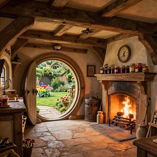 Cozy, rustic cottage interior with wooden beams, stone floor, round doorway to vibrant garden, lit fireplace, clock on mantel, candles, and