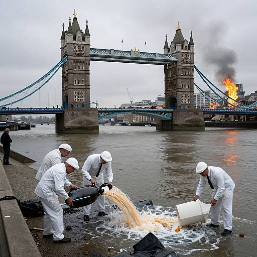 Photograph: Five firefighters in white uniforms pour water from a large bucket onto a burning building behind London's Tower Bridge.