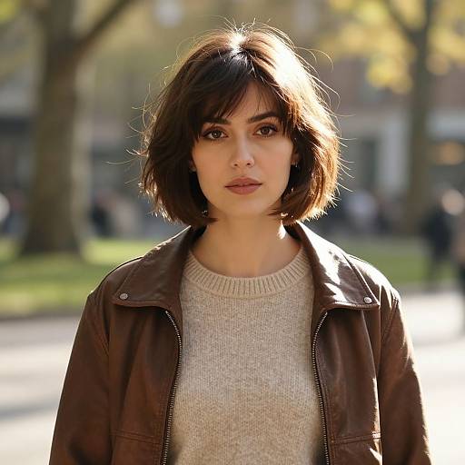 Photograph of a young woman with short, dark brown hair, wearing a brown leather jacket and beige sweater, standing in a sunlit park with blurred