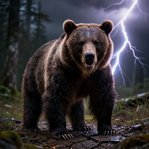 Intense Bear in Thunderstorm Forest