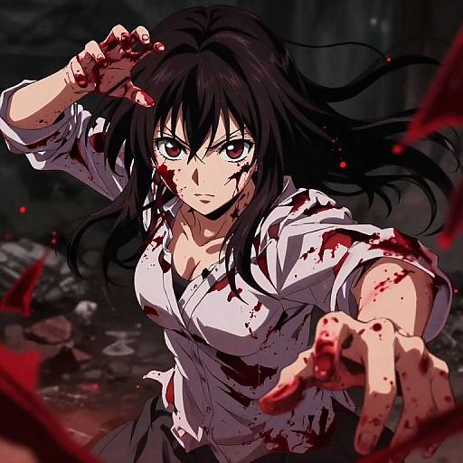 Digital anime-style drawing of a blood-covered, intense, dark-haired woman with piercing eyes, extending her bloody hand forward in a shadowy, gore-s