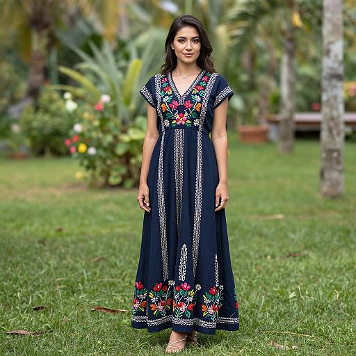 Photograph of a young woman with medium brown skin, dark wavy hair, wearing a navy blue embroidered dress, standing on lush green grass in a