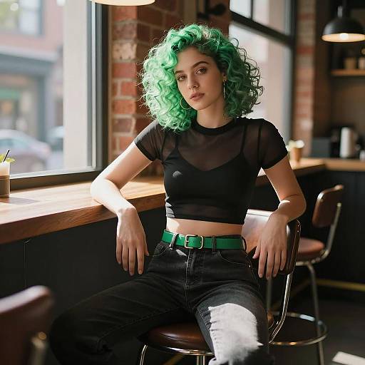 Young Woman with Green Curly Hair in Urban Cafe