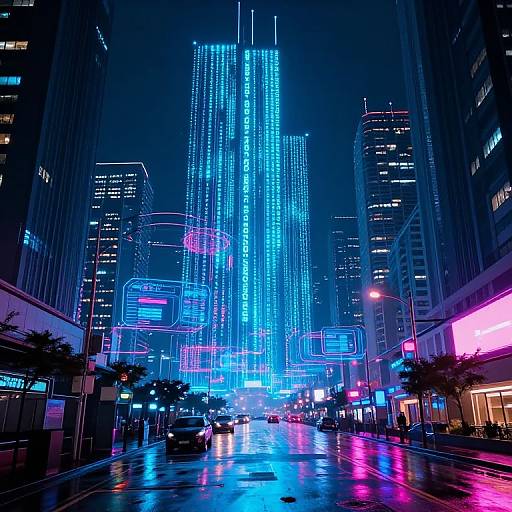 Neon-lit, cyberpunk-style photograph of a rainy urban street with towering blue and pink illuminated skyscrapers, glowing neon signs, and reflections