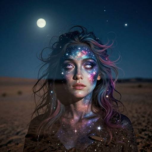 Photograph of a woman with starry face paint, glowing eyes, and tousled hair, under a moonlit desert night sky.
