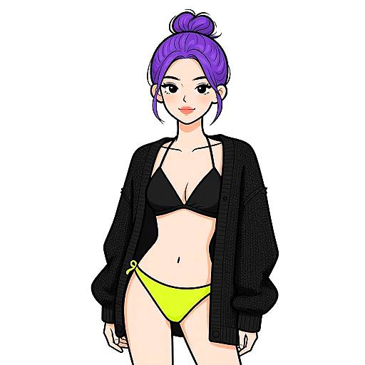 Digital anime-style drawing of a fair-skinned woman with purple hair in a bun, wearing a black bikini top, yellow bikini bottoms, and a loose