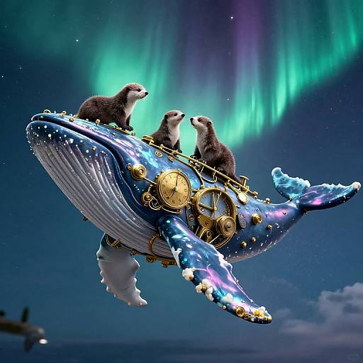 Digital artwork of two otters on a steampunk whale with aurora borealis in the night sky, featuring glowing gears and blue, starry