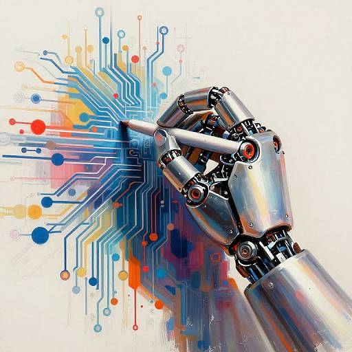 Digital illustration of a metallic robotic arm with shiny surfaces, extending forward amidst colorful, abstract circuitry and dots on a white background.