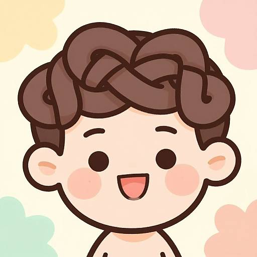 Cute digital cartoon of a smiling child with dark brown twisted hair, blush cheeks, and simple black outline on a pastel-colored background.